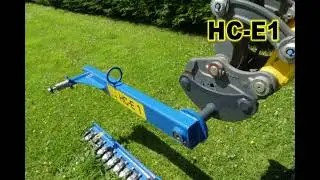 Trimmer de gard viu SARLGILLETT model HC150 acționat hidraulic, montat pe miniexcavator.