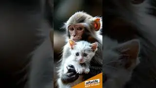 Baby monkey holding cute cat #cat #cats #catshorts #catvideos #catlovers #monkey #monkeys #ai