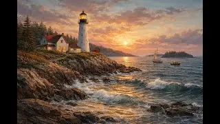 Beacon at Day&rsquo;s End | Maine Lighthouse at Dusk | Fine Art Oil Painting | 4K Coastal Ambience