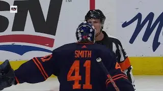 Mike Smith not happy with the ref's call after he knocks the net out of place