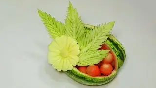 #207 How to make a watermelon basket with leaves & flower - Carving garnish tutorial for beginners