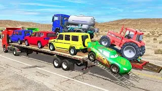 TRANSPORTING PIXAR CARS & FRUITS WITH COLORED & JOHN DEERE vs CLAAS vs TRACTORS - BeamNG.drive #453
