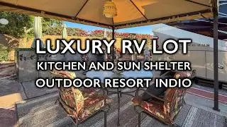 Upscale RV lot 321 featuring panoramic views, pergola, and outdoor kitchen