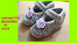 TUTORIAL UNCINETTO SCARPINE BEBE' senza mai tagliare il filo 0 3 MESI
