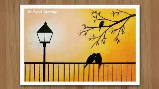 How to draw love birds scenery with Oil Pastel, Scenery drawing for beginners