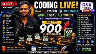 Coding LIVE | Java, Python, Full Stack, AI/ML & DSA | Road to 900 Subscribers 🚀 #live #livestream