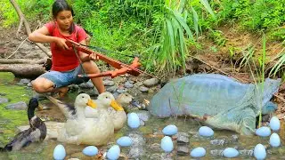 survival in the rainforest - Found Turtle and Duck at river - Cooking soup Turtle Eating delicious