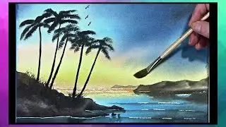HOW TO PAINT A TROPICAL SUNSET WITH PALM TREES & WAVES IN WATERCOLOR