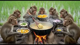 🐒 Monkeys Made Vegetable Khichuri on Rainy Day  Jungle Village Cooking 🌧️🔥
