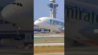 Emirates Super Jumbo A380 departing Los Angeles Airport