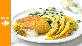 Cordon bleu met spinaziepuree en gebakken paprikareepjes