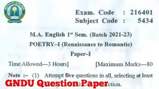 Gndu MA English 1st Semester Poetry Question Paper || Ma English 1st Semester Question Paper