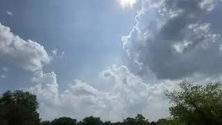 Cumulus clouds white & gray, partly sunny-blue sky weather panorama July 9 2020 Northbrook- Chicago