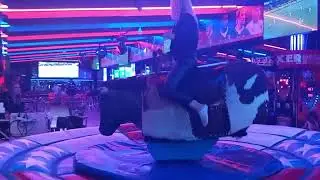 Woman in TIGHT Leather Pants Riding MECHANICAL BULL! 🥵💕   Spain Benidorm Bullride 🐂