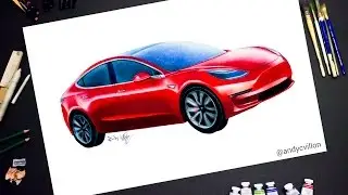 Рисунок Tesla Model 3 цветными карандашами в режиме покадровой съёмки &mdash; гиперреалистичный рисунок