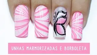 Decoração de unhas marmorizadas e Borboleta Carga Dupla - marbled nails
