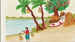 How to Draw a Beautiful Village Setting | Water  and Palm Trees |