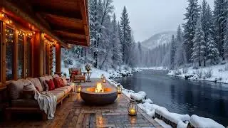 Relaxing Winter Lodge by the River | Fireplace Sounds, Snowy Forest, Cozy Evening Ambience