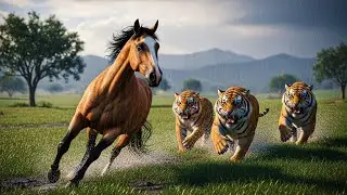 Epic Rain Chase: Morgan Horse Being Chased by Aggressive Tigers