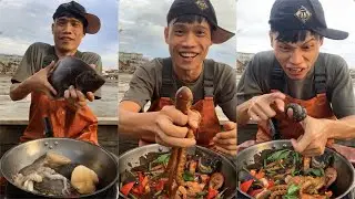 傻哥今天没有第一个吃『爆头』八爪鱼，它很生气，于是不喷墨了😂I ate big octopus, sea cucumber, crab and sea fish today #yummy #海鲜吃播