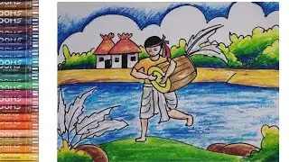 Easy Durga Puja Scenery Competition Drawing | Step by Step Festival Drawing with Colour 🎨
