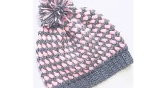 Gorro para adultos en gancho con punto frijol en dos colores #115