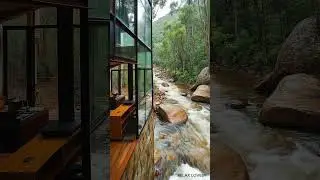 Modern Glass House by a Flowing Stream,  Pouring Rain & Forest Sounds   #relaxingsounds