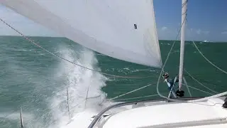 Sailing at 10-12 knots on a cruising catamaran in 20 knot winds.