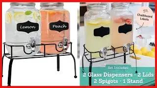 Glass Drink Dispenser for Parties - Set of 2-1 Gallon Glass Jar Beverage Dispensers with Stand