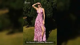 VC Elegant Pink Floral Halter-Style Ruffled Dress with Side Slit for High-Profile Outdoor Occasions