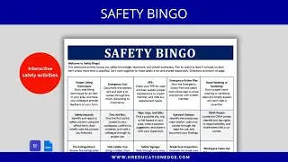 Employee Safety Bingo Template for Workplace: Fire Safety First Aid Training, OSHA, Safety Committee