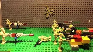 A Jedi and a mandolorian fighting droids