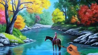 Paint a beautiful girl riding a horse through a flowing stream #art #drawing