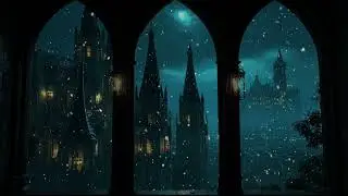 Hogwarts Snowfall at the Castle Window | Winter Ambience with Soft Wind Sounds for Study and Sleep