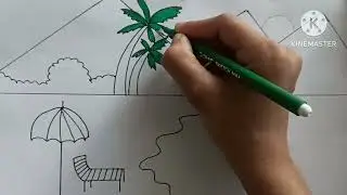 Summer season drawing easy/ How to draw sea beach scenery easy step by step/ Beach scenery drawing/