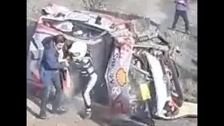 thierry neuville accident WRC , turns over of competition. takes out the pilot and navigator