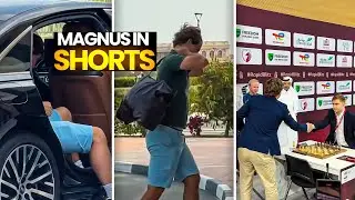 Magnus Carlsen arrives in shorts for the game