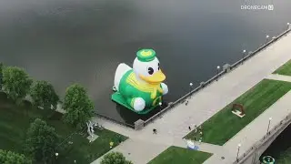 Giant Oregon Duck floating on the White River as part of Big Ten Football Media Days