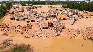 Impossible Loading Landfilling Project By KOMATSU Bulldozer Push Mountain Stones Mix Rock
