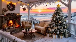 Coastal Christmas Ambience 🎁 Relaxing Christmas Piano with Fireplace Sounds & Ocean Waves for Calm