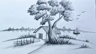 How to draw a landscape || Easy scenery drawing with pencil || Pencil sketch 