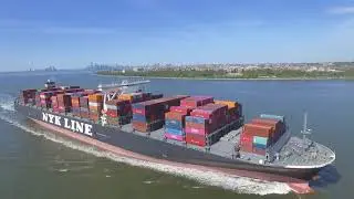Aerial View - Very Large Container Ship NYK FALCON Under Verrazzano Bridge - New York, USA