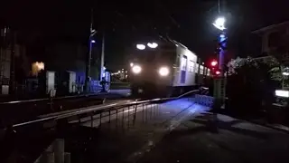 Train of the Seibu Haijima Line via the night railroad crossing