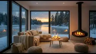 4K Winter Fireplace Ambience | Cozy Balcony by the Lake ❄️ Snowfall, Warm Lights & Calm Evening