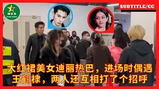 大红裙美女迪丽热巴，进场时偶遇王鹤棣，两人还互相打了个招呼