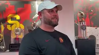 USC OL coach Zach Hanson speaks to the media after spring ball ended