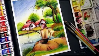 Watercolor painting | How to draw scenery of fishing step by step | Sanju Arts