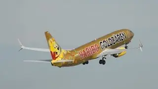 TUIfly Boeing 737-8K5 Haribo Goldbären Livery D-ATUD departure at Munich Airport München Flughafen