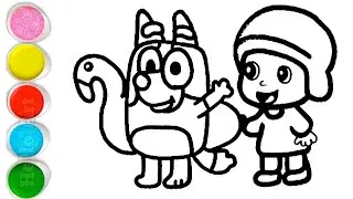 Cute Bluey Duck With Pocoyo Drawing, Painting and Coloring For Kids and Toddlers_ Easy Drawing
