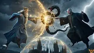 Dumbledore&rsquo;s golden shield and Voldemort&rsquo;s dark serpent spell collide mid-air, freezing time